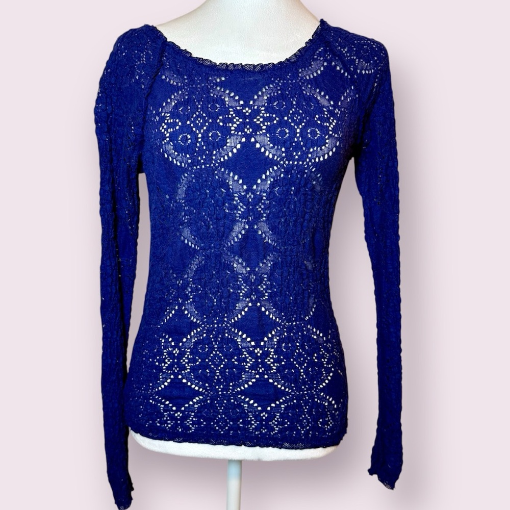 Free People Sunny Pucker Lace Long Sleeve Stretchy Top Blue Size XS